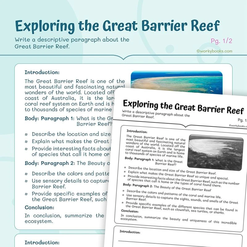 Exploring the Great Barrier Reef — ela worksheet for Grade 4, Grade 5, page 1 of 3