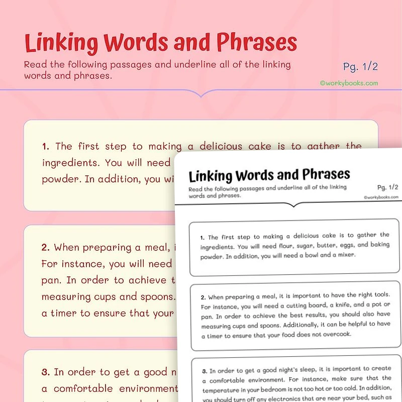 Underline Linking Words and Phrases — ela worksheet for Grade 4, Grade 5, page 1 of 3