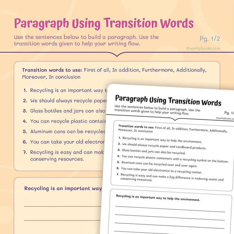 Paragraph Using Transition Words — ela worksheet for Grade 4, Grade 5, page 1 of 3