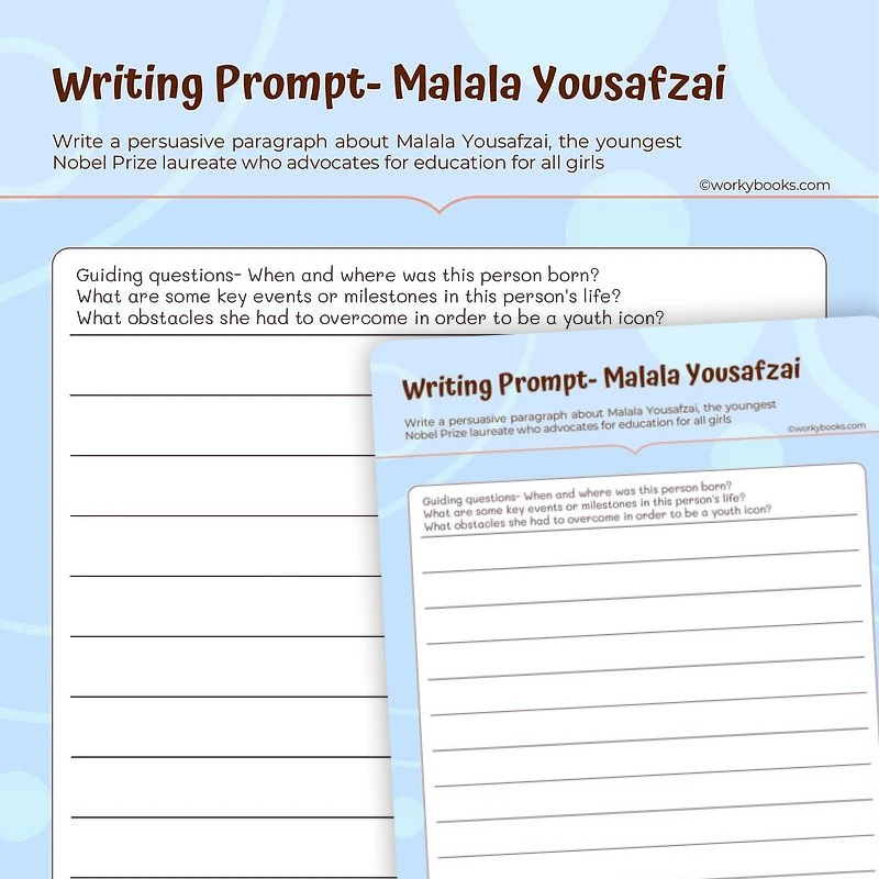 Writing Prompt on Malala Yousafzai — ela worksheet for Grade 4, page 1 of 3