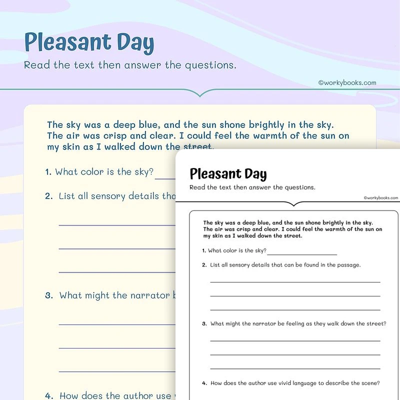 Pleasant Day — ela worksheet for Grade 4, Grade 5, page 1 of 3