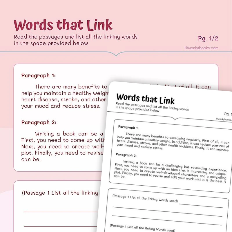 Linking Words in Reading Pasaage — ela worksheet for Grade 4, Grade 5, page 1 of 3