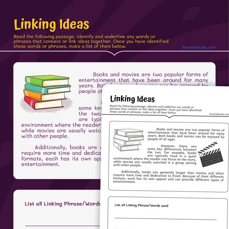 Words and Phrases that Link Ideas — ela worksheet for Grade 4, Grade 5, page 1 of 3