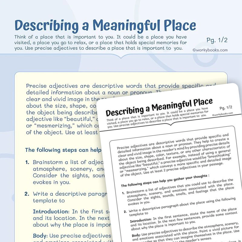 Describing a Meaningful Place — ela worksheet for Grade 4, Grade 5, page 1 of 3