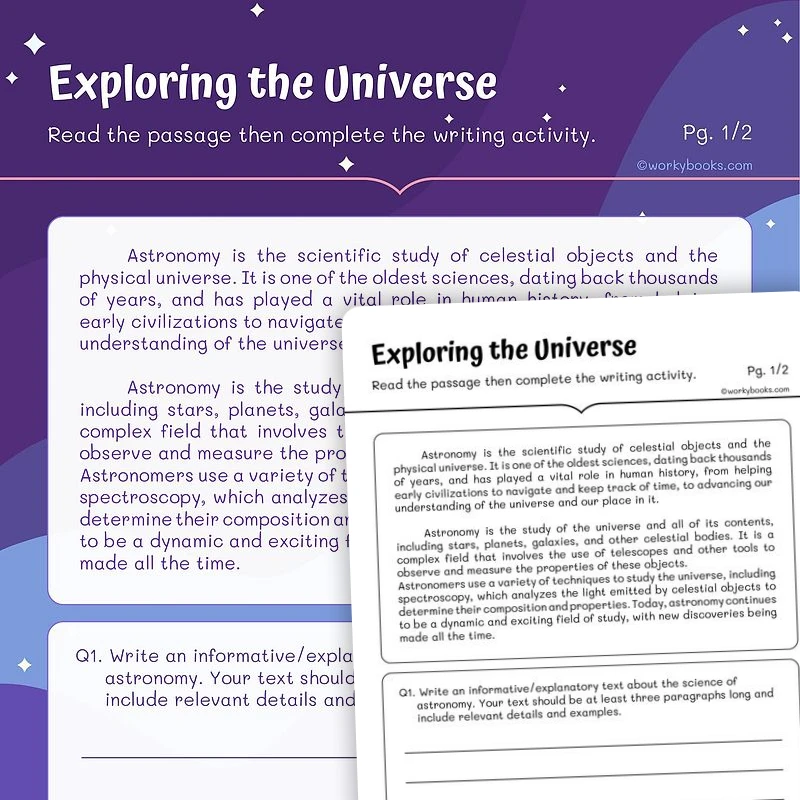 Exploring the Universe — ela worksheet for Grade 4, Grade 5, page 1 of 3