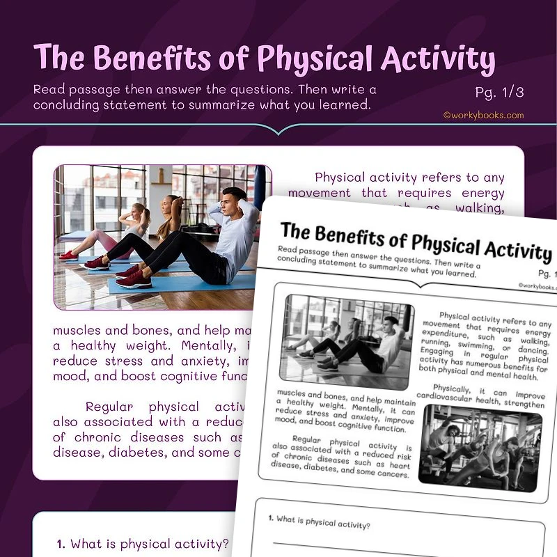 The Benefits of Physical Activity — ela worksheet for Grade 4, Grade 5, page 1 of 3