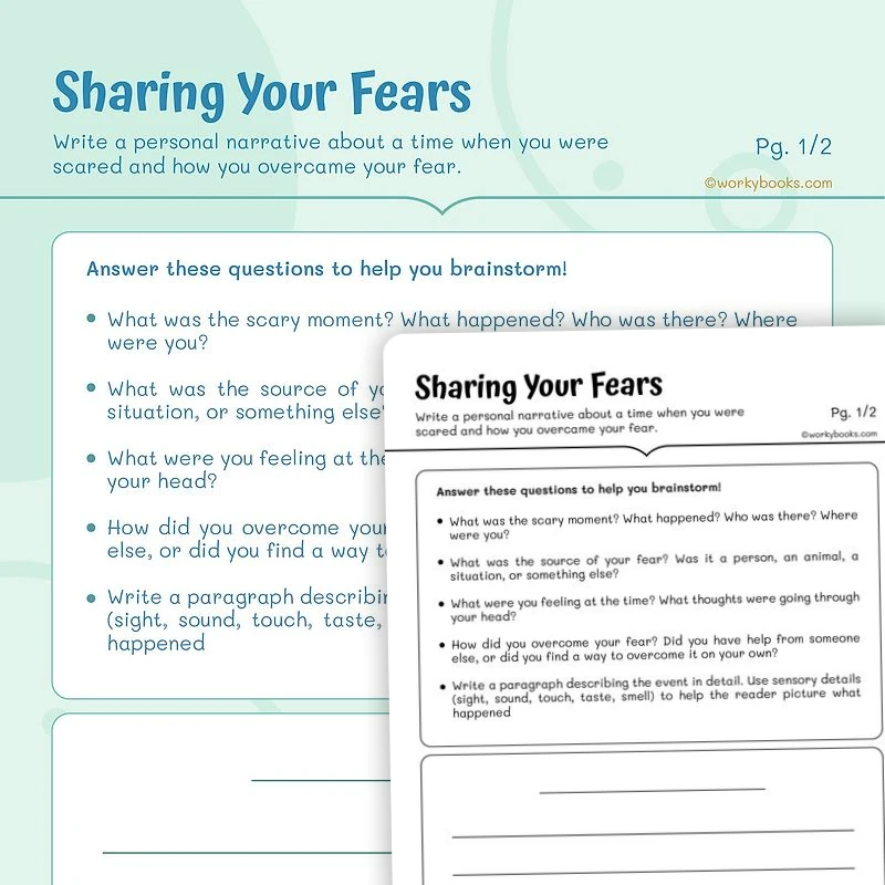 Sharing Your Fears — ela worksheet for Grade 4, Grade 5, page 1 of 3