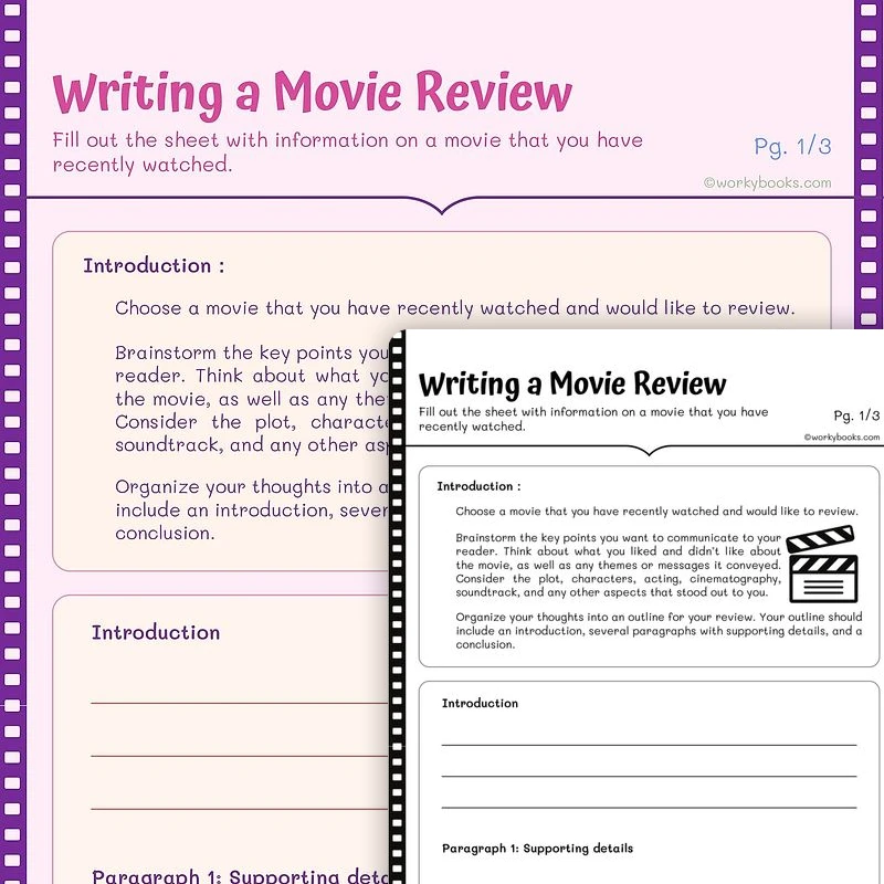 Writing a Movie Review—Coherent Writing — ela worksheet for Grade 4, Grade 5, page 1 of 3