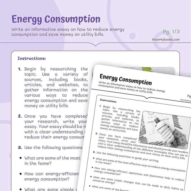 Ways to reduce energy consumption and save money on utility bills — ela worksheet for Grade 4, Grade 5, page 1 of 3