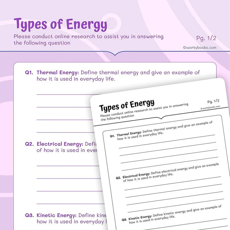 Types of Energy — ela worksheet for Grade 4, Grade 5, page 1 of 3