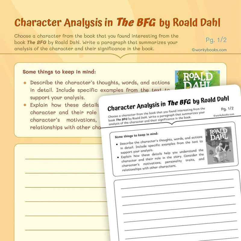 Character Analysis in "The BFG" by Roald Dahl. — ela worksheet for Grade 4, Grade 5, page 1 of 3