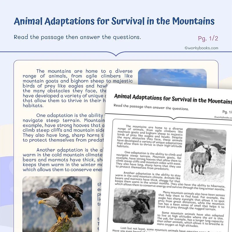 Mountain Animal Adaptations — ela worksheet for Grade 4, Grade 5, page 1 of 3