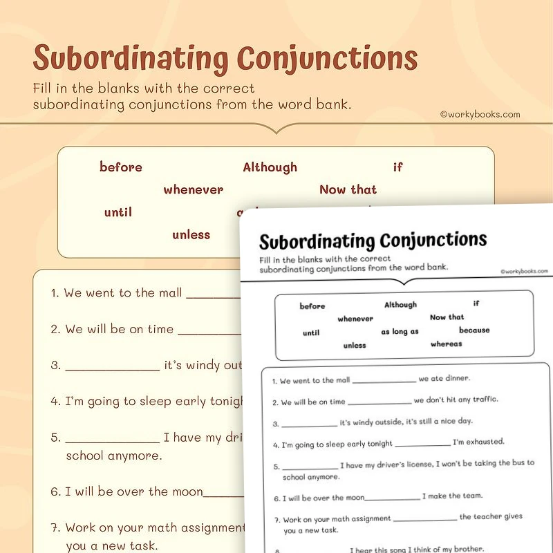 Subordinating Conjunctions — ela worksheet for Grade 5, page 1 of 3