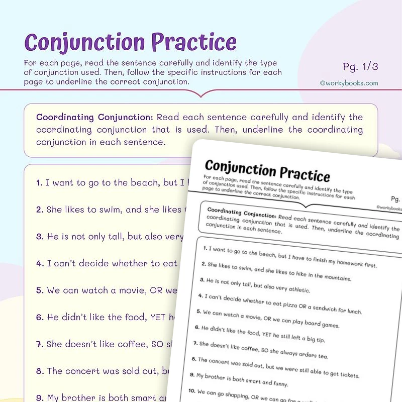 Conjunction Practice — ela worksheet for Grade 5, page 1 of 3