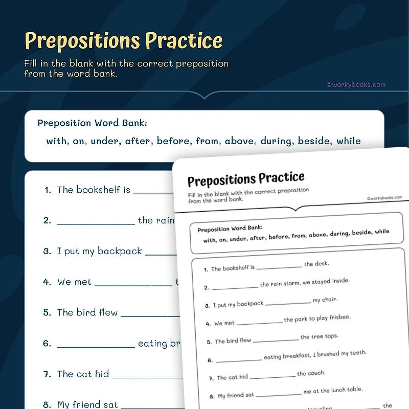 Grade 5 Preposition Practice — ela worksheet for Grade 5, page 1 of 3