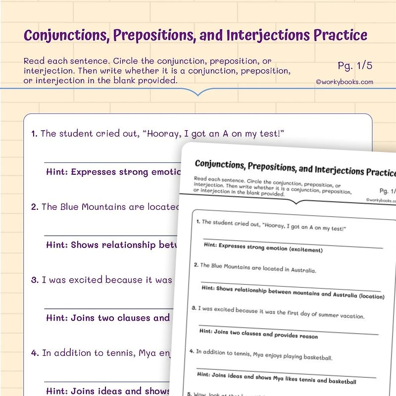 Preposition — ela worksheet for Grade 5, page 1 of 3