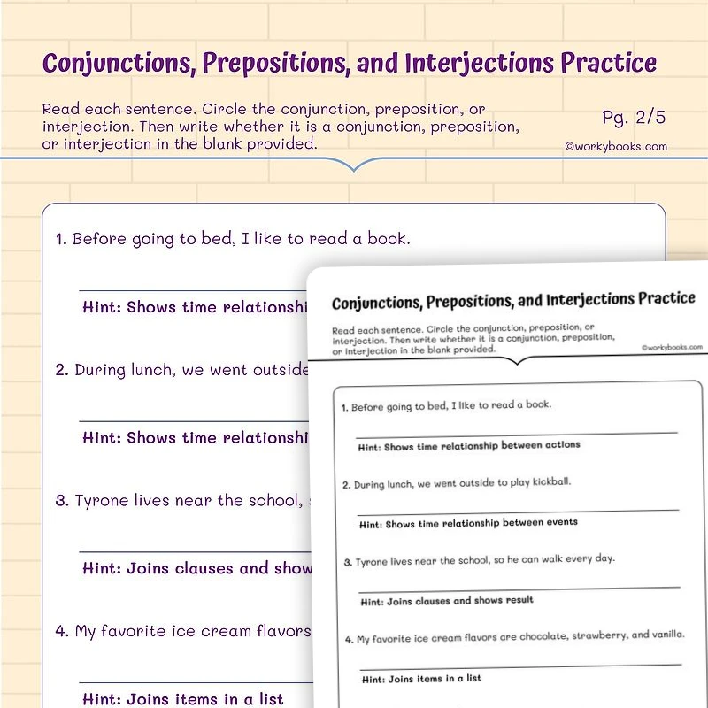 Conjunctions and Prepositions — ela worksheet for Grade 5, page 1 of 3