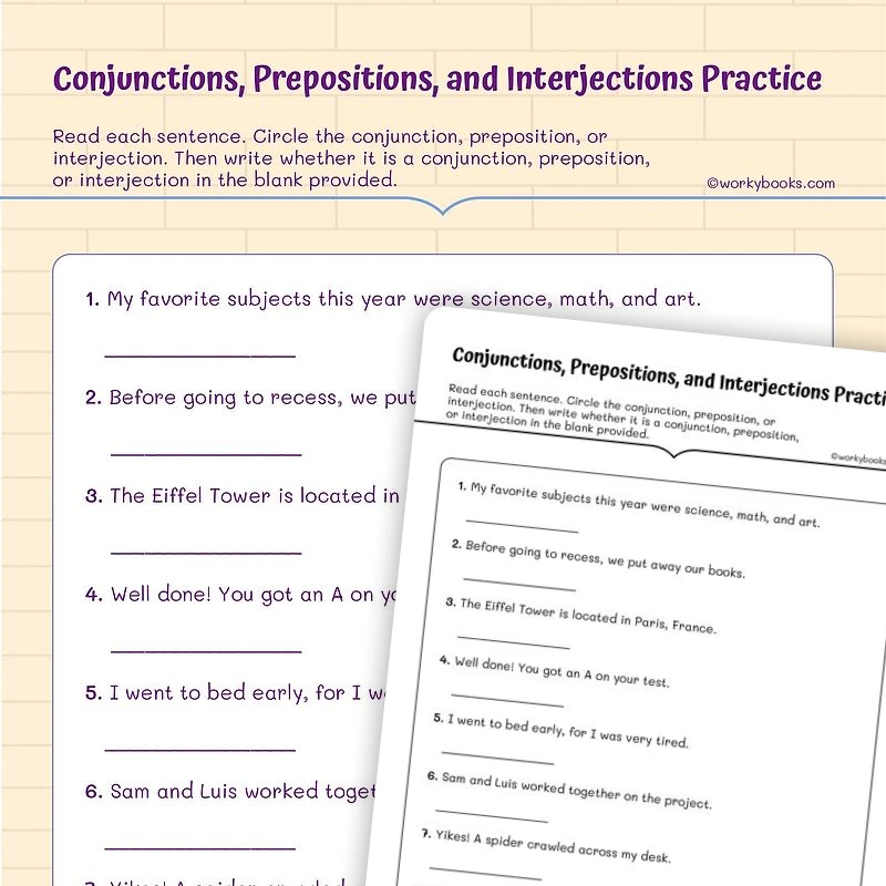 Conjunctions and Interjections — ela worksheet for Grade 5, page 1 of 3