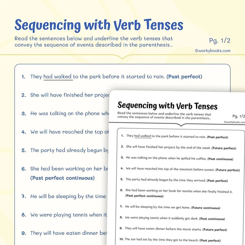 Sequencing with Verb Tenses — ela worksheet for Grade 5, page 1 of 3