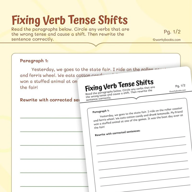 Fixing Verb Tense Shifts — ela worksheet for Grade 5, page 1 of 3