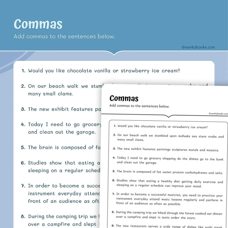 Commas Punctuation — ela worksheet for Grade 5, page 1 of 3