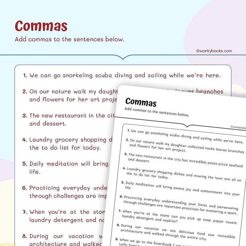Add Commas — ela worksheet for Grade 5, page 1 of 3