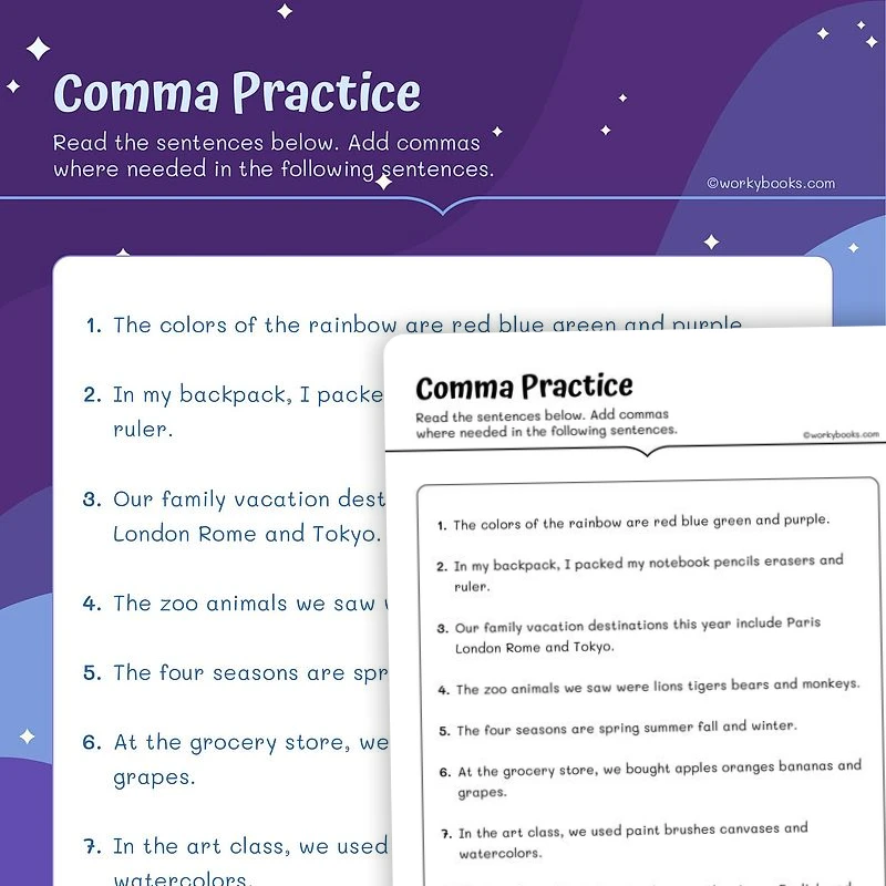 Add Commas in Sentences — ela worksheet for Grade 5, page 1 of 3