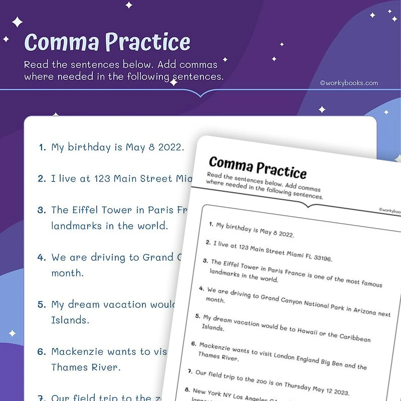 Comma Before and After — ela worksheet for Grade 5, page 1 of 3
