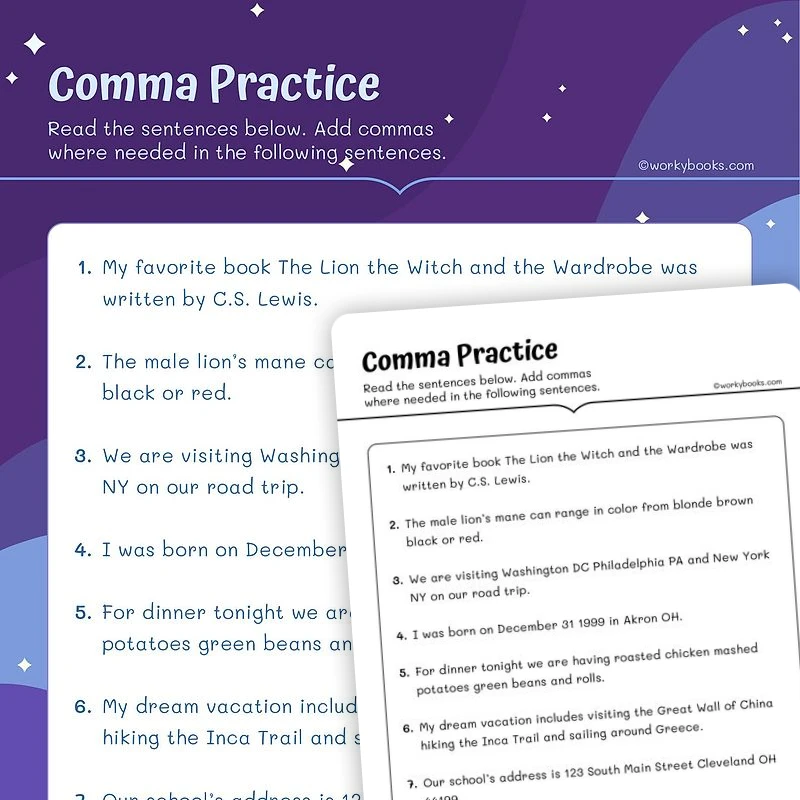 Commas Practice — ela worksheet for Grade 5, page 1 of 3