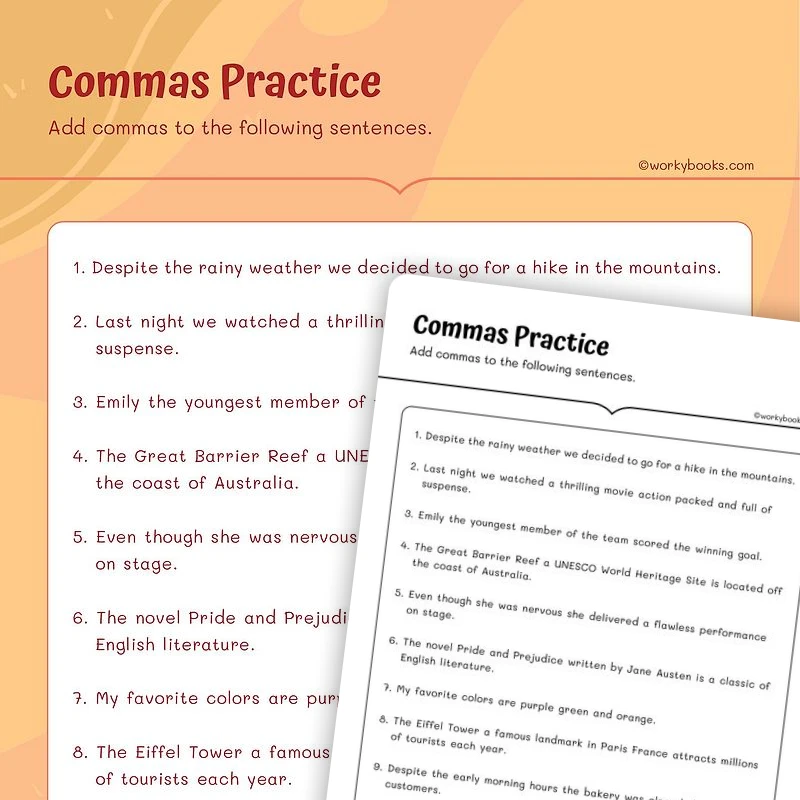 Commas Exercise — ela worksheet for Grade 5, page 1 of 3