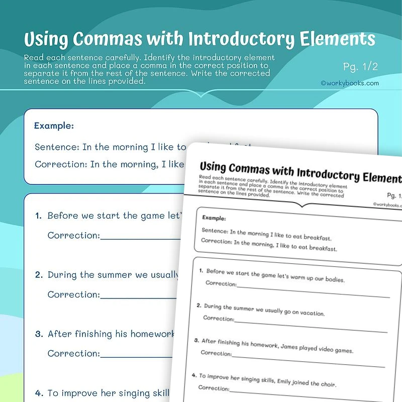 Using Commas with Introductory Elements — ela worksheet for Grade 5, page 1 of 3