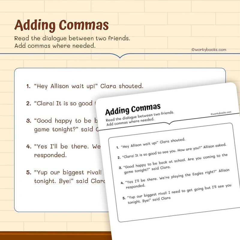 Adding Commas Where Needed — ela worksheet for Grade 5, page 1 of 3
