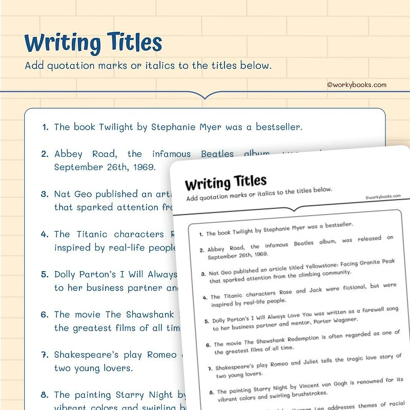 Writing Titles with Punctuation — ela worksheet for Grade 5, page 1 of 3