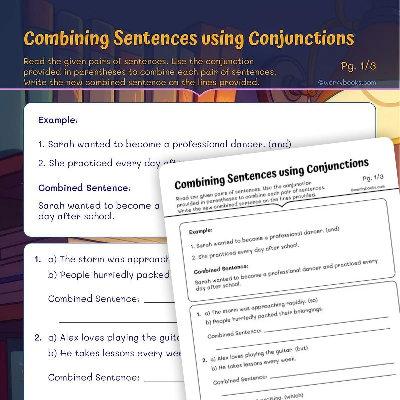 Combining Sentences using Conjunctions — ela worksheet for Grade 5, page 1 of 3