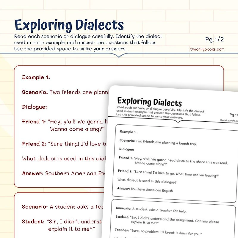 Exploring Dialects — ela worksheet for Grade 5, page 1 of 3