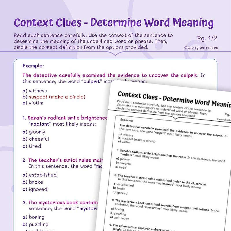 Context Clues — Determine Word Meaning — ela worksheet for Grade 5, page 1 of 3