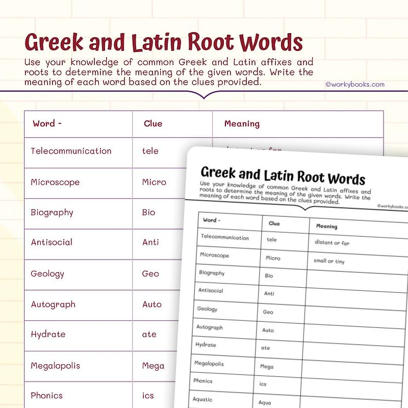 Greek and Latin Root Words Practice — ela worksheet for Grade 5, page 1 of 3