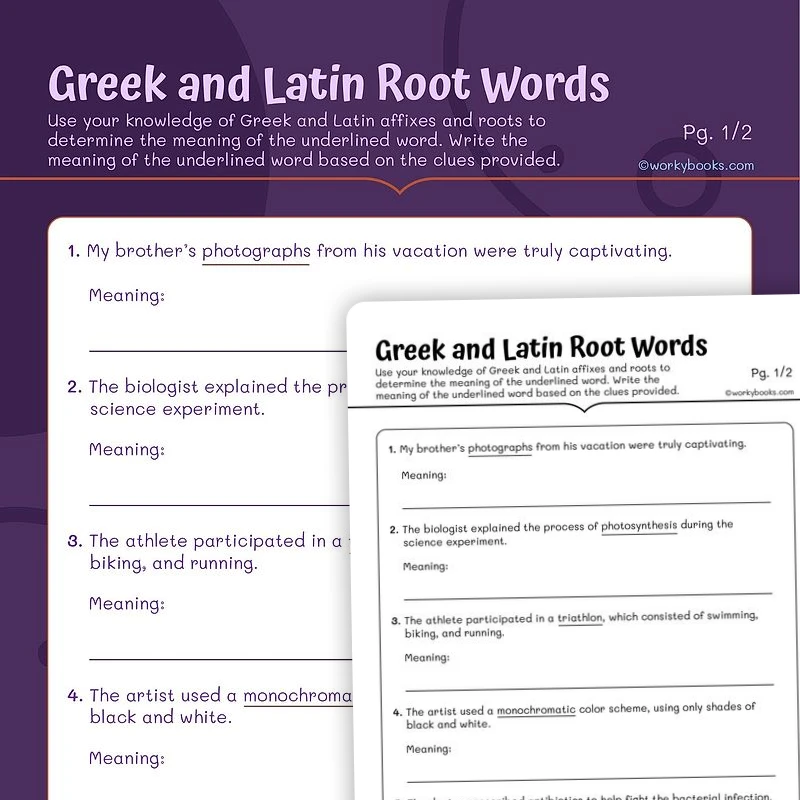 Greek Latin Root Word Part — ela worksheet for Grade 5, page 1 of 3