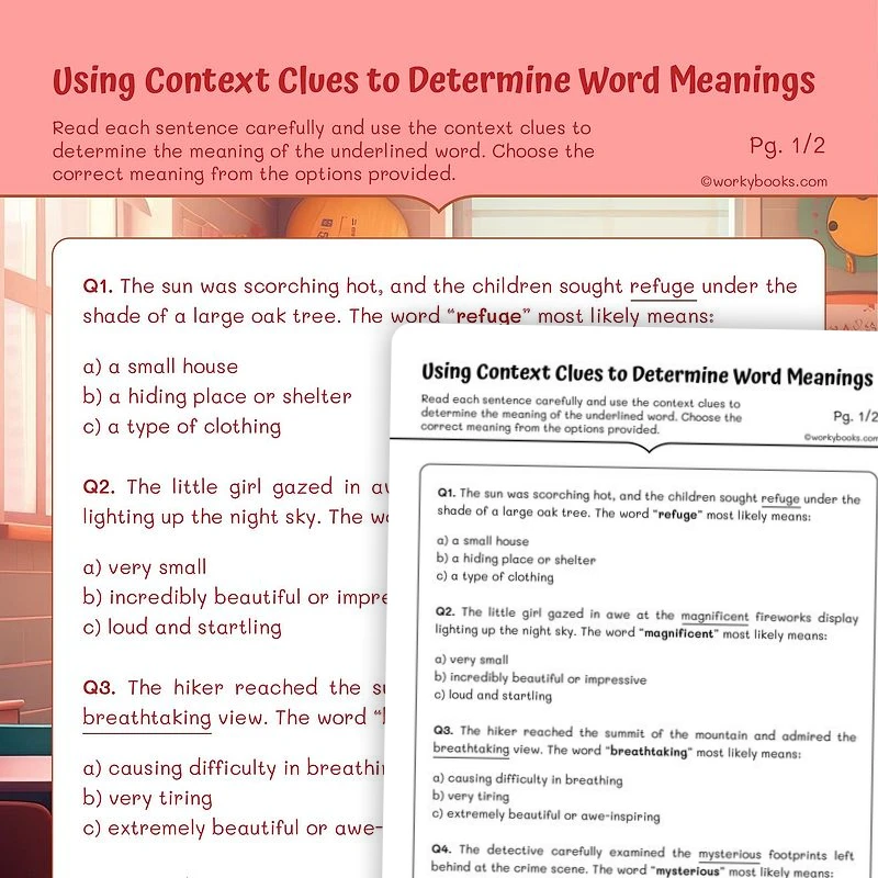 Using Context Clues to Determine Word Meanings — ela worksheet for Grade 5, page 1 of 3