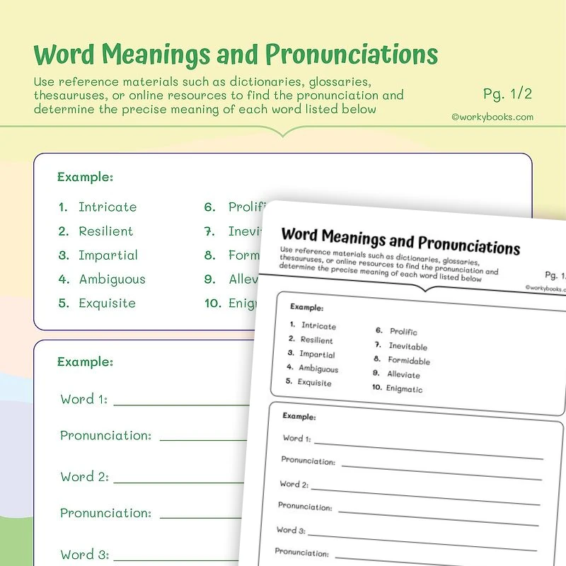Word Meanings and Pronunciations — ela worksheet for Grade 5, page 1 of 3