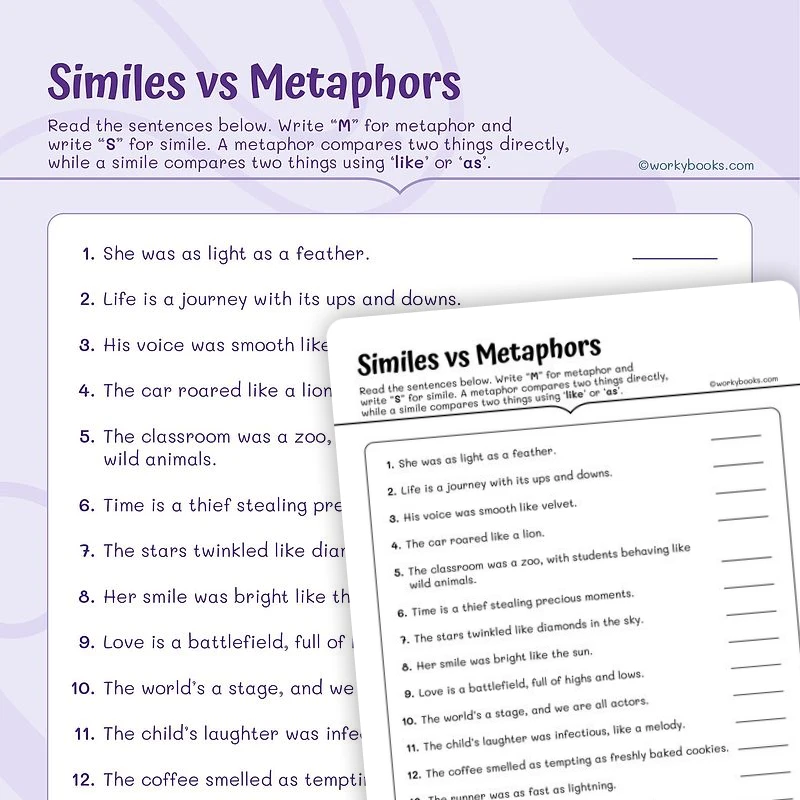 Similes vs Metaphors — ela worksheet for Grade 4, Grade 5, page 1 of 3