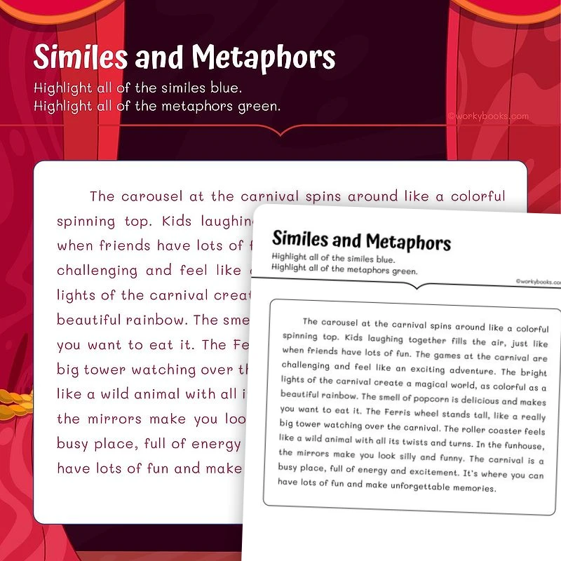 Highlight Similes and Metaphors — ela worksheet for Grade 4, Grade 5, page 1 of 3