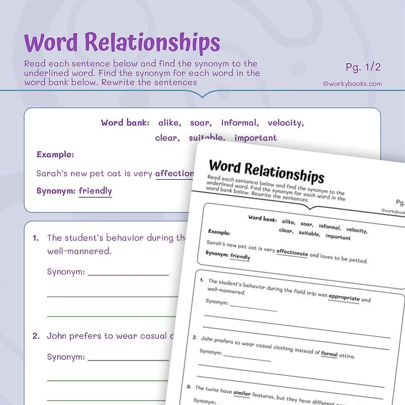 Word Relationships — ela worksheet for Grade 5, page 1 of 3