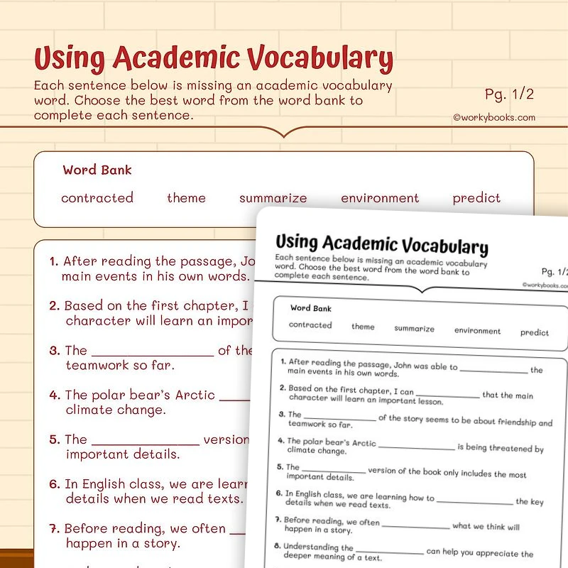 Using Academic Vocabulary — ela worksheet for Grade 5, page 1 of 3