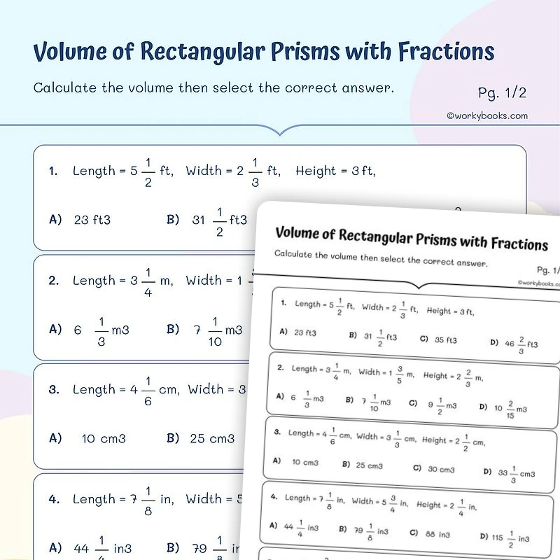 Practice Problems Rectangular Prism with Fractions — math worksheet for Grade 5, page 1 of 3