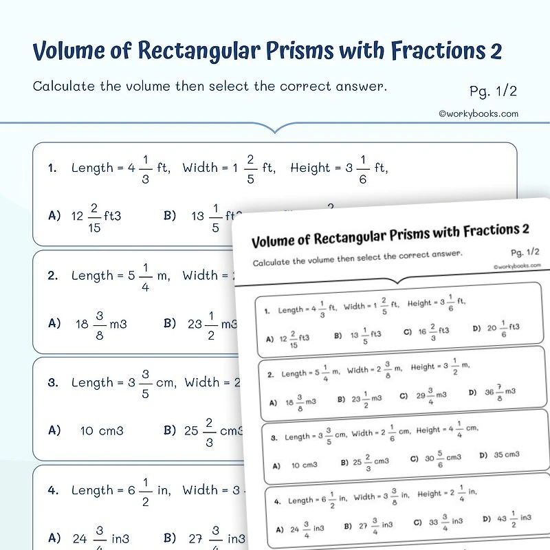 Volume of a Rectangular Prism with Fractions — math worksheet for Grade 5, page 1 of 3