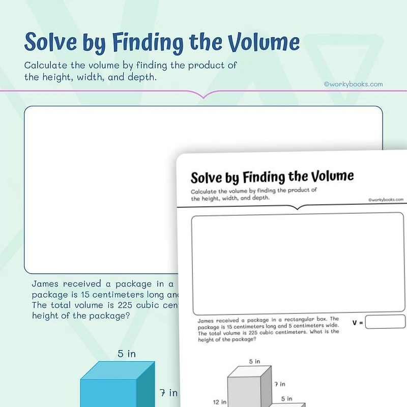 Solve Word Problems by finding the volume — math worksheet for Grade 5, page 1 of 3