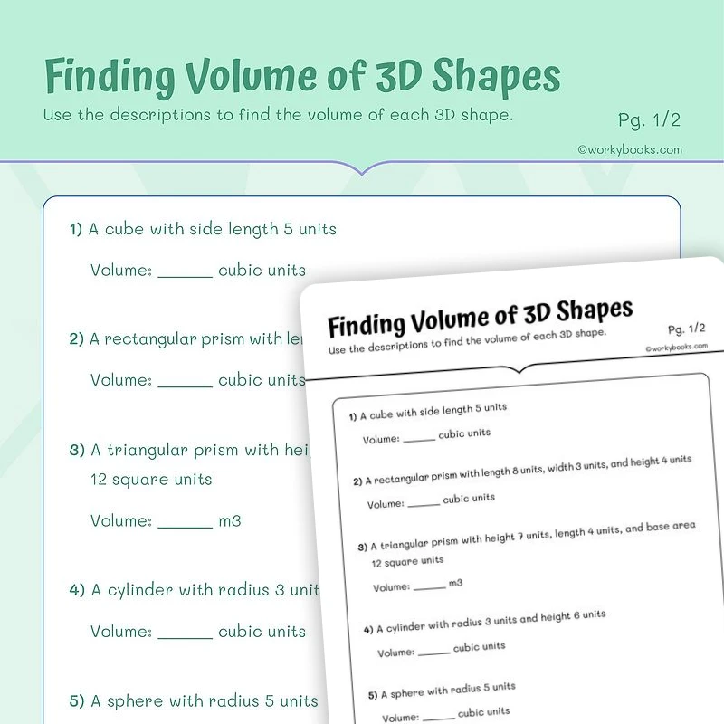 Finding Volume of 3D Shapes — math worksheet for Grade 5, page 1 of 3