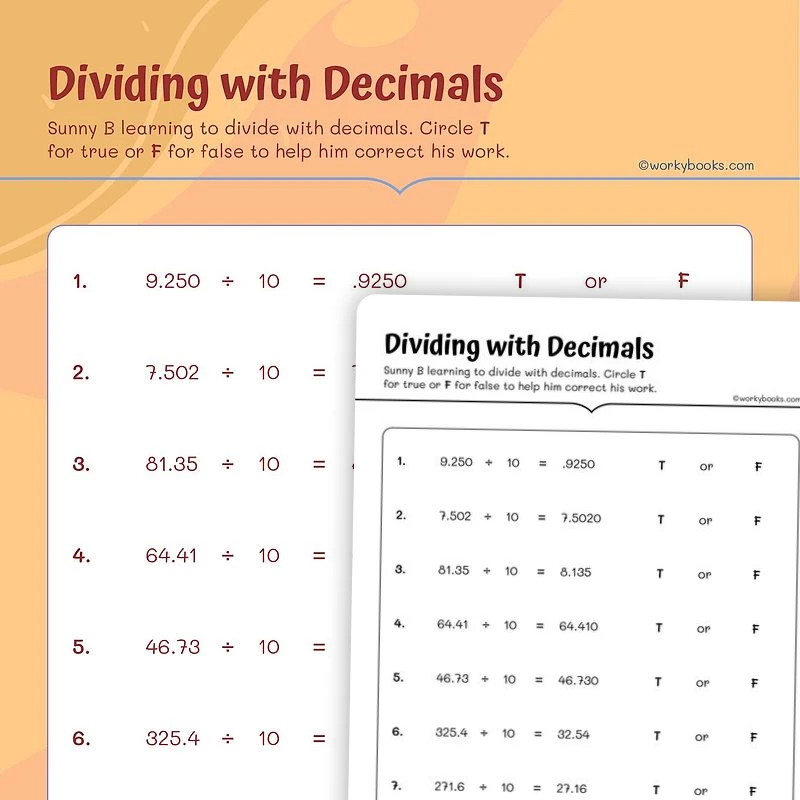 Dividing with Decimals — math worksheet for Grade 5, page 1 of 3
