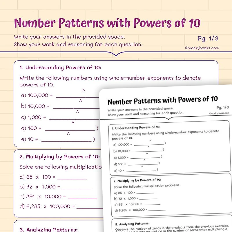 Number Patterns with Powers of 10 — math worksheet for Grade 5, page 1 of 3